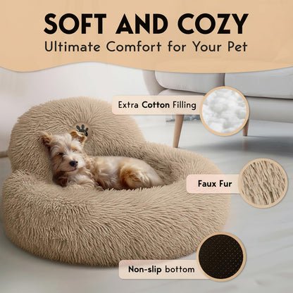 PetJett Calming Medium Dog Bed - 30'' Round Dog Beds - Washable Dog Bed - Anti-Slip Super Soft Fluffy Plush Donut Bed, Anti-Anxiety Premium Comfort Pet Bed, Fits Dogs up to 45 lbs - Beige