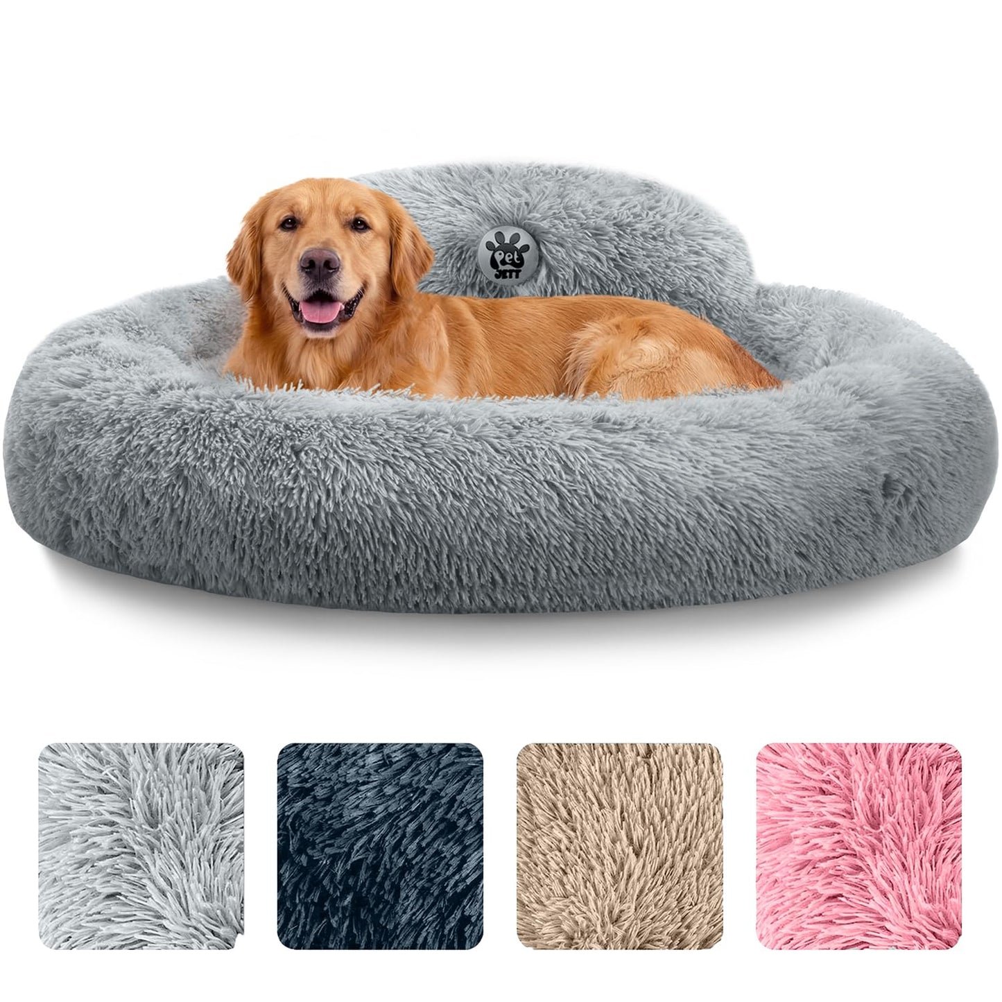 PetJett Calming Medium Dog Bed - 30'' Round Dog Beds - Washable Dog Bed - Anti-Slip Super Soft Fluffy Plush Donut Bed, Anti-Anxiety Premium Comfort Pet Bed, Fits Dogs up to 45 lbs - Beige