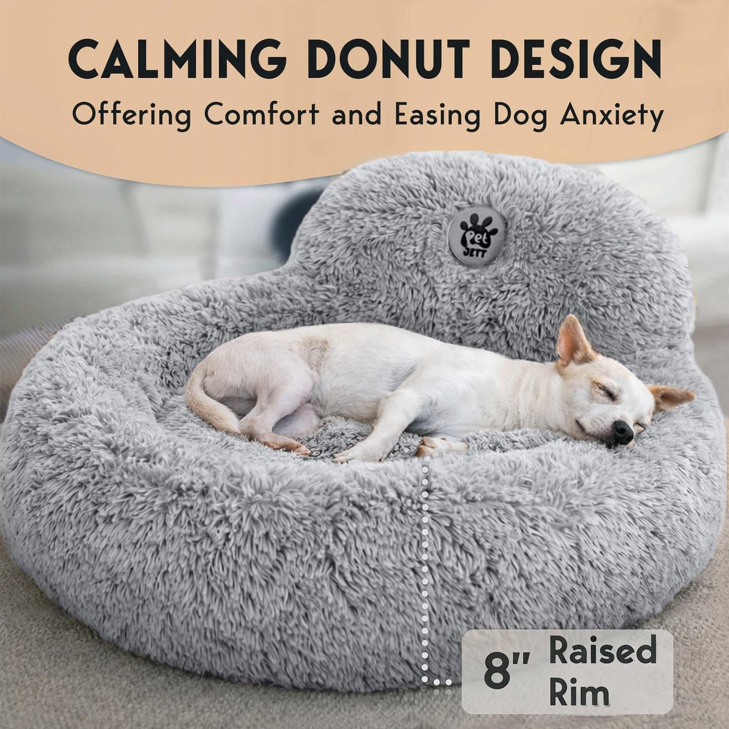 PetJett Calming Medium Dog Bed - 30'' Round Dog Beds - Washable Dog Bed - Anti-Slip Super Soft Fluffy Plush Donut Bed, Anti-Anxiety Premium Comfort Pet Bed, Fits Dogs up to 45 lbs - Beige