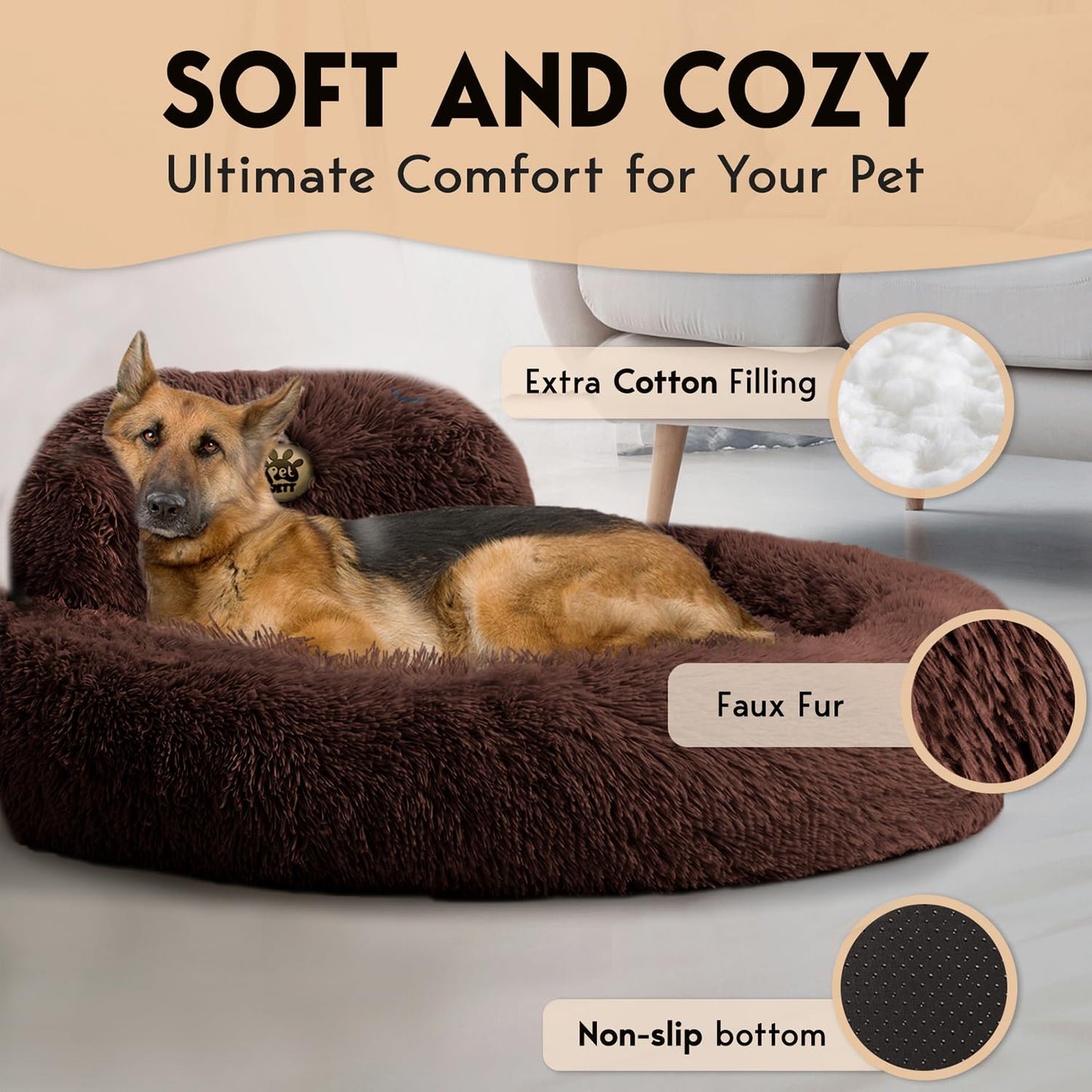 PetJett Calming Medium Dog Bed - 30'' Round Dog Beds - Washable Dog Bed - Anti-Slip Super Soft Fluffy Plush Donut Bed, Anti-Anxiety Premium Comfort Pet Bed, Fits Dogs up to 45 lbs - Beige