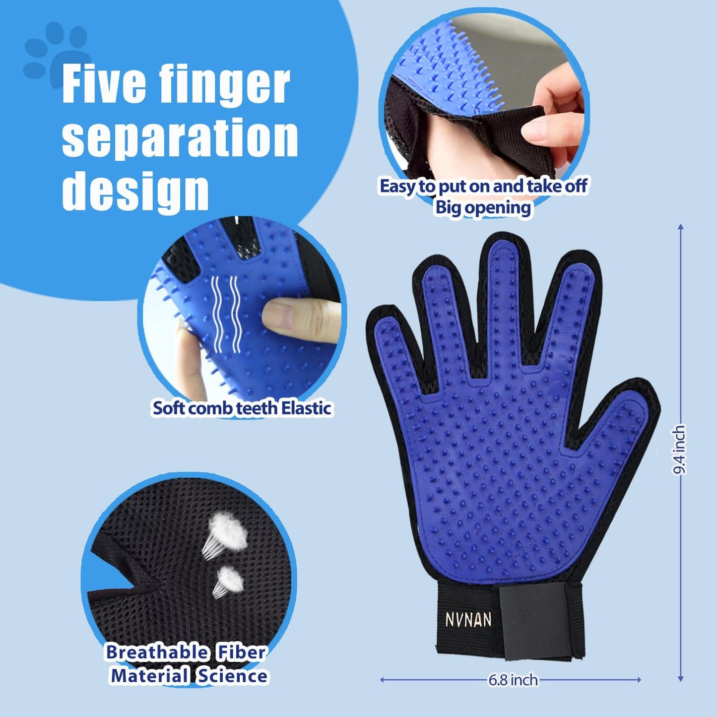 NVNAN Pet Hair Removal Glove for Dogs & Cats, 2-in-1 Deshedding Brush & Massage Mitt - Grooming Gloves for Shedding Control, Bathing and Washing, Safe for Short/Long Hair Pets 2-Pack (Blue)