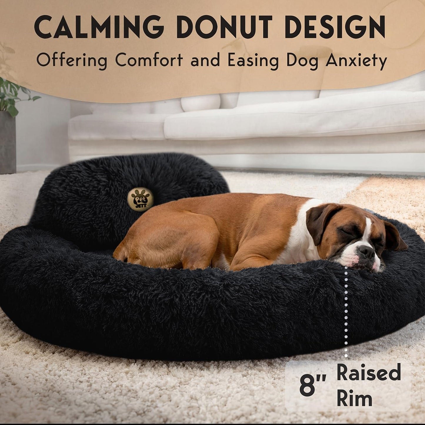 PetJett Calming Medium Dog Bed - 30'' Round Dog Beds - Washable Dog Bed - Anti-Slip Super Soft Fluffy Plush Donut Bed, Anti-Anxiety Premium Comfort Pet Bed, Fits Dogs up to 45 lbs - Beige