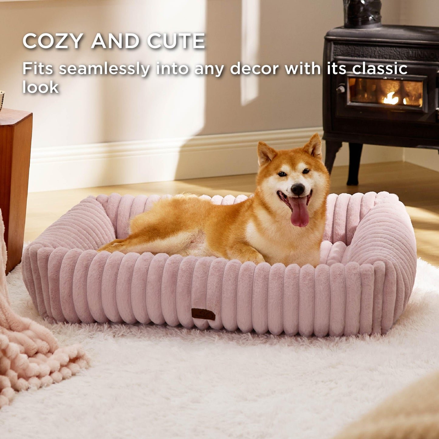 Bedsure ComfyFleece™ Cute Dog Bed for Small Medium Dogs - Washable Furry Puppy Beds, Rectangle Orthopedic Corduroy Fleece Pet Beds with Removable Zipper Cover, 25x21x7inches, Cream