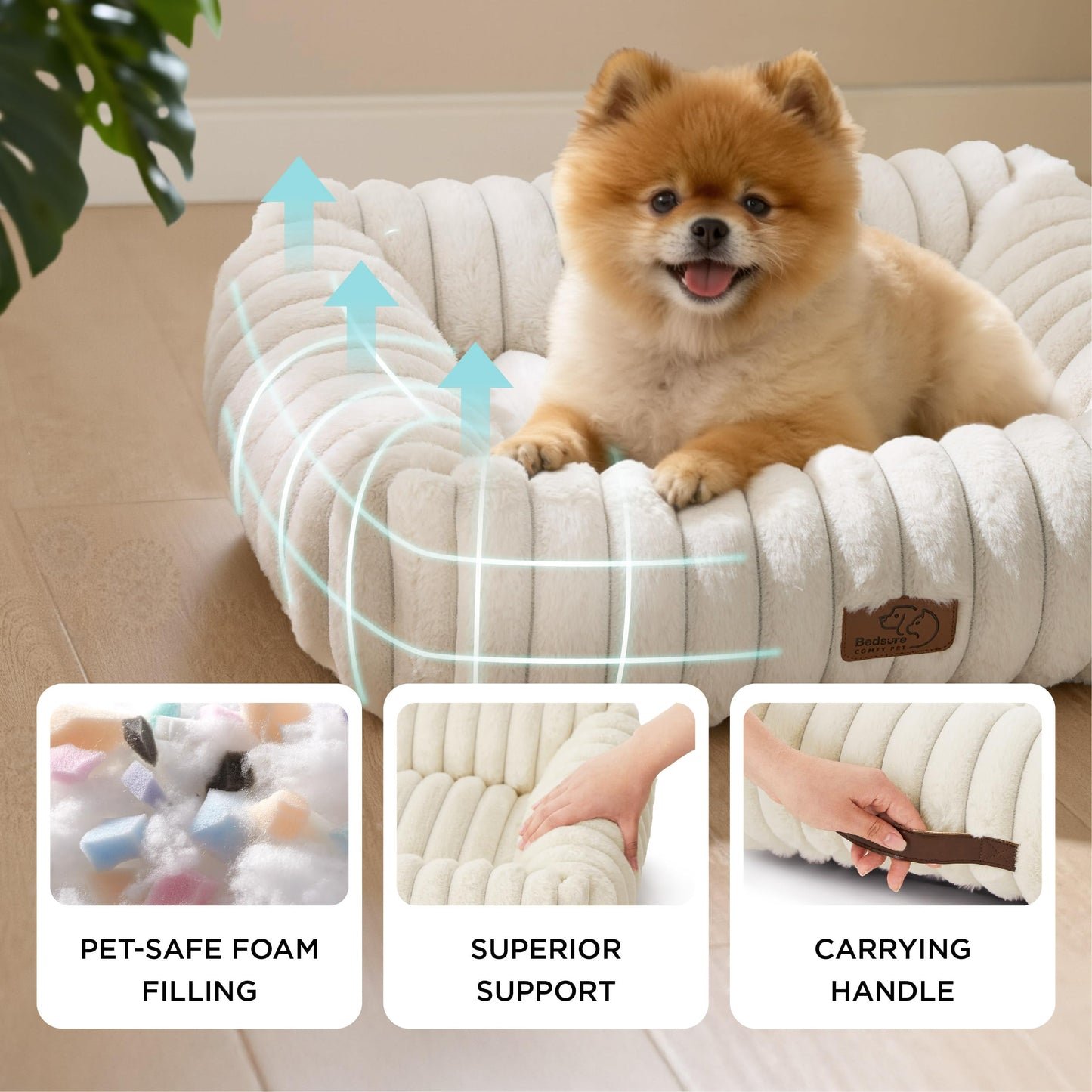 Bedsure ComfyFleece™ Cute Dog Bed for Small Medium Dogs - Washable Furry Puppy Beds, Rectangle Orthopedic Corduroy Fleece Pet Beds with Removable Zipper Cover, 25x21x7inches, Cream