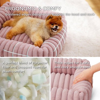 Bedsure ComfyFleece™ Cute Dog Bed for Small Medium Dogs - Washable Furry Puppy Beds, Rectangle Orthopedic Corduroy Fleece Pet Beds with Removable Zipper Cover, 25x21x7inches, Cream