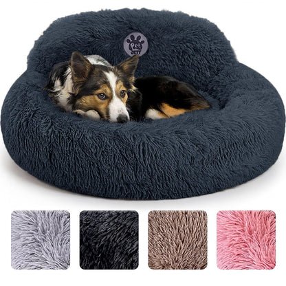 PetJett Calming Medium Dog Bed - 30'' Round Dog Beds - Washable Dog Bed - Anti-Slip Super Soft Fluffy Plush Donut Bed, Anti-Anxiety Premium Comfort Pet Bed, Fits Dogs up to 45 lbs - Beige