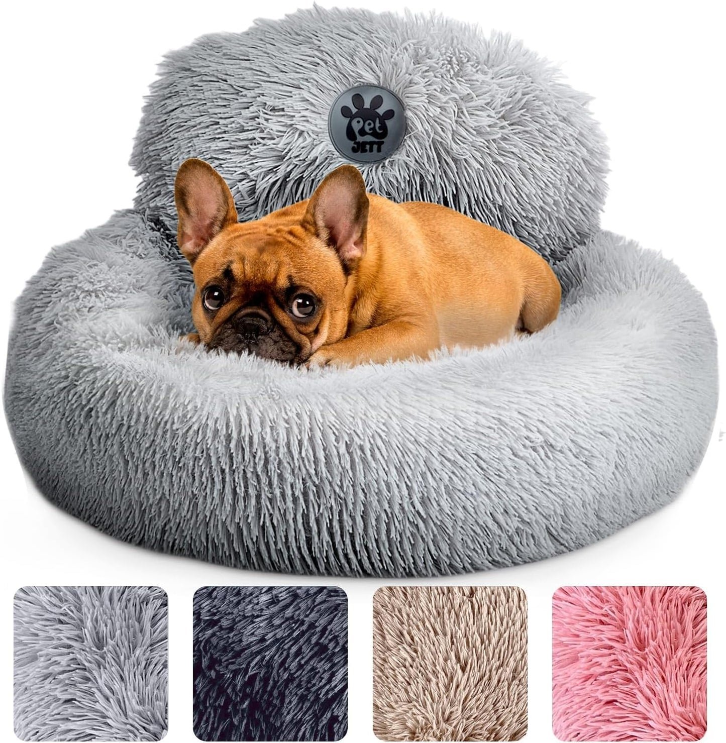 PetJett Calming Medium Dog Bed - 30'' Round Dog Beds - Washable Dog Bed - Anti-Slip Super Soft Fluffy Plush Donut Bed, Anti-Anxiety Premium Comfort Pet Bed, Fits Dogs up to 45 lbs - Beige