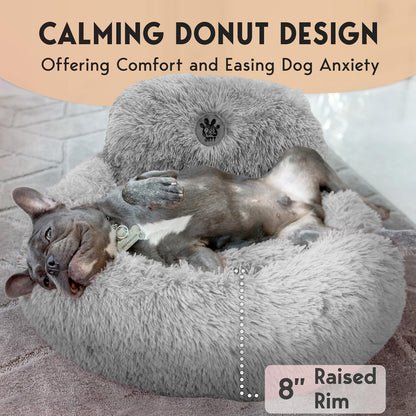 PetJett Calming Medium Dog Bed - 30'' Round Dog Beds - Washable Dog Bed - Anti-Slip Super Soft Fluffy Plush Donut Bed, Anti-Anxiety Premium Comfort Pet Bed, Fits Dogs up to 45 lbs - Beige