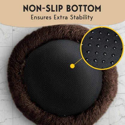 PetJett Calming Medium Dog Bed - 30'' Round Dog Beds - Washable Dog Bed - Anti-Slip Super Soft Fluffy Plush Donut Bed, Anti-Anxiety Premium Comfort Pet Bed, Fits Dogs up to 45 lbs - Beige